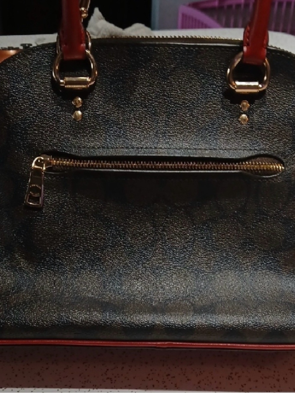 Coach Brown Signature Dome Satchel with Red Handles and Trim - Picture 6 of 11